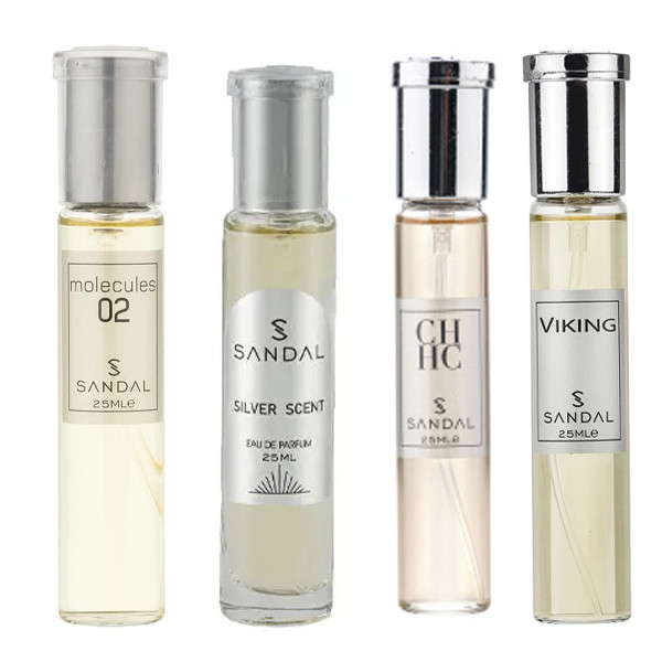 عطر جیبی مردانه صندل مدل مولکول سیلورسنت سی اچ وایکینگ با رایحه تلخ حجم 25 میلی‌لیتر مجموعه 4 عددی