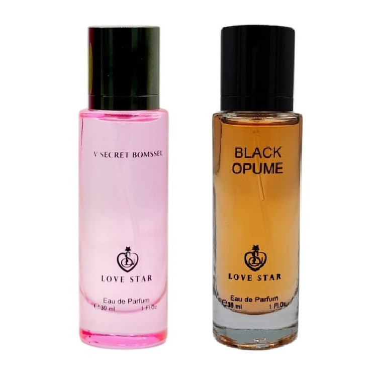 عطر جیبی لاو استار مدل بلک اوپیوم با رایحه گرم حجم 30 میلی لیتر به همراه عطر جیبی لاو استار مدل بامب شل با رایحه خنک حجم 30 میلیلیتر