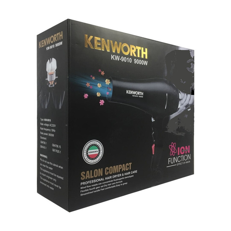 سشوار حرفهای 9000 وات کنورث مدل KW_9010، موتور AC، وزن 700 گرم، دارای سری متمرکزکننده باریک با ویژگی صافکنندگی، با قابلیت باد سرد، فناوری تولید یون