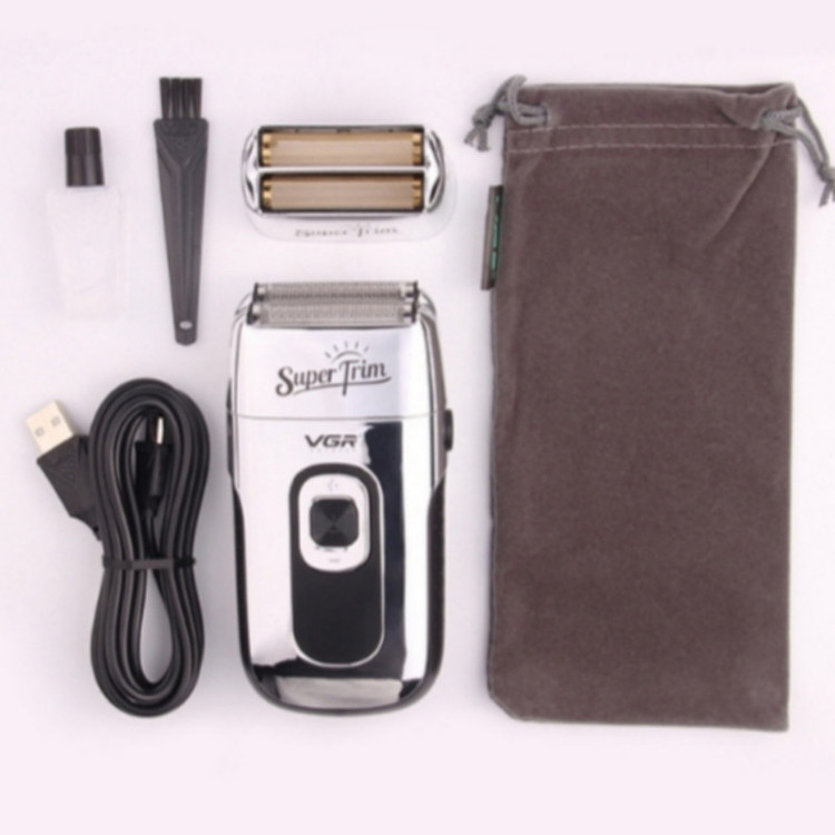 ماشین اصلاح موی صورت وی جی ار مدل V_332 با تکنولوژی برش چرخشی، باتری قابل شارژ 600mAh، قابلیت اصلاح با شماره صفر، تیغه استیل ضدزنگ و برس تمیزکننده همراه
