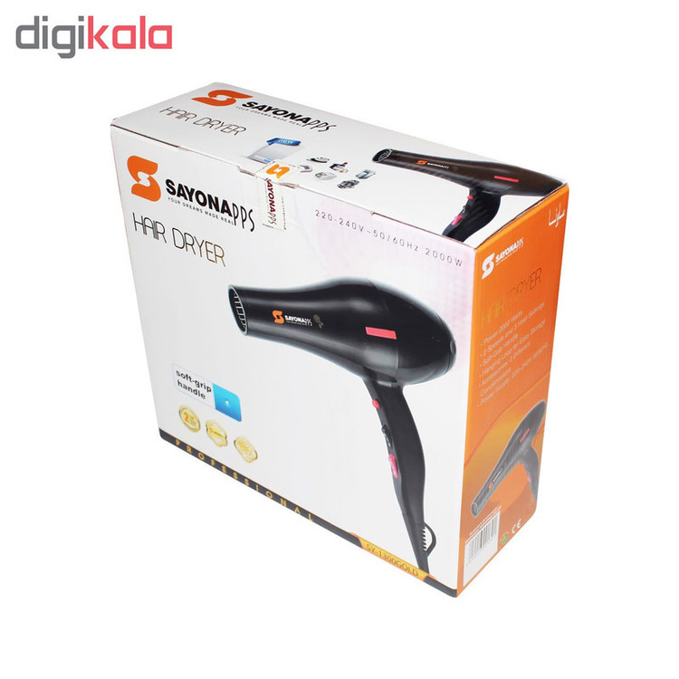 سشوار حرفهای 2000 وات سايونا مدل SY-1300، موتور AC، وزن 700 گرم، دارای سری متمرکزکننده باریک، متمرکزکننده پهن با ویژگی صافکنندگی، حجمدهندگی، با قابلیت باد سرد