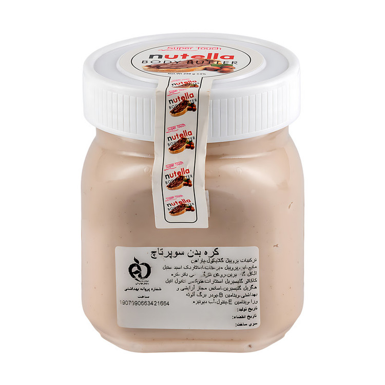 کره بدن سوپرتاچ مدل نوتلا حجم 250 میلیلیتر با بافت کرمی و غلیظ، حاوی شی باتر، کره کاکائو، روغن بادام، نارگیل و سبوس برنج، مرطوبکننده قوی و ضد خشکی پوست خشک و خیلی خشک، مناسب بانوان، آبرسان و جوانکننده پوست