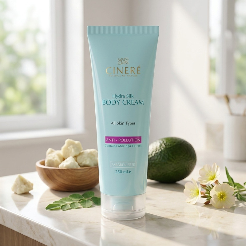 کرم بدن مرطوبکننده سینره مدل Hydra Silk حجم 250 میلیلیتر با محافظت در برابر آلودگی هوا، حاوی پپتیدهای مورینگا، روغن آووکادو، شی باتر و روغن گل مغربی، جذب سریع و فاقد پارابن