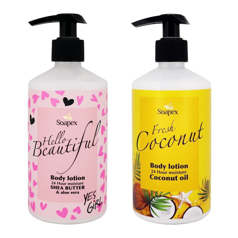 لوسیون بدن سوپکس مدل Shea butter و Coconut oil حجم 350 میلی‌لیتر مرطوب‌کننده و ترمیم‌کننده پوست با عصاره شی باتر ضد چین و چروک و روغن نارگیل جوان‌کننده و شاداب‌کننده پوست