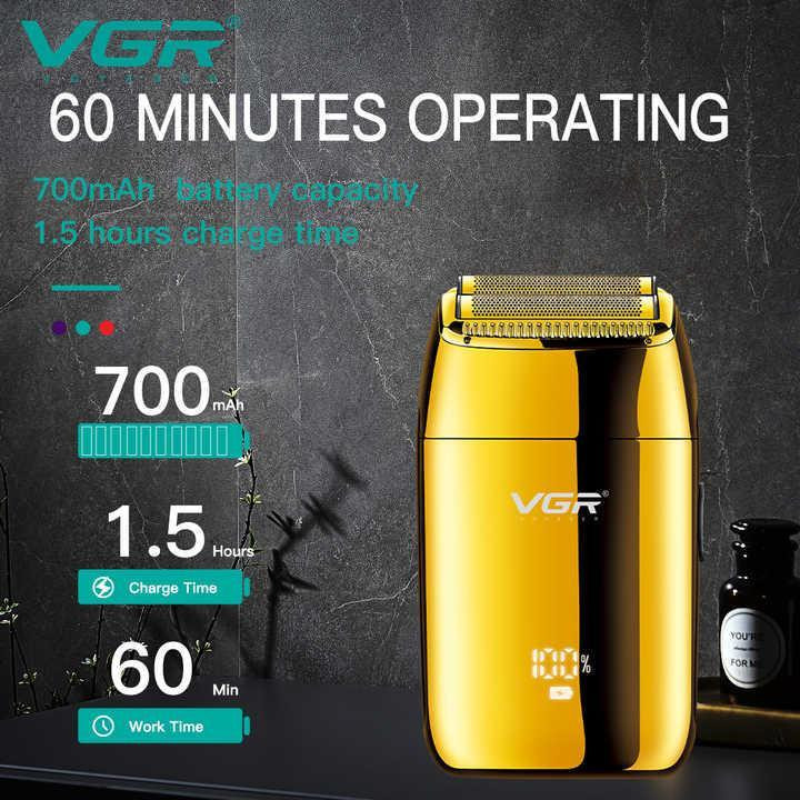 ماشین اصلاح موی صورت وی جی آر مدل V-399 با تیغه استیل پیشرفته، تکنولوژی شیو فویلی، باتری لیتیوم یونی 700mAh، استفاده خشک و مرطوب، شارژ سریع 180 دقیقه، عمر باتری 200 دقیقه، مقاوم در برابر آب و سبک