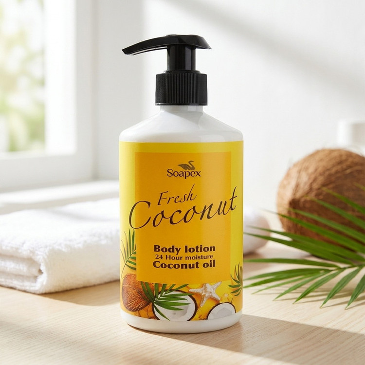 لوسیون بدن مرطوبکننده بانوان سوپکس مدل Coconut oil حجم 350 میلیلیتر با ترکیبات گلیسیرین و اوره و بستهبندی پمپی