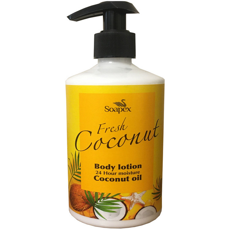 لوسیون بدن مرطوبکننده بانوان سوپکس مدل Coconut oil حجم 350 میلیلیتر با ترکیبات گلیسیرین و اوره و بستهبندی پمپی