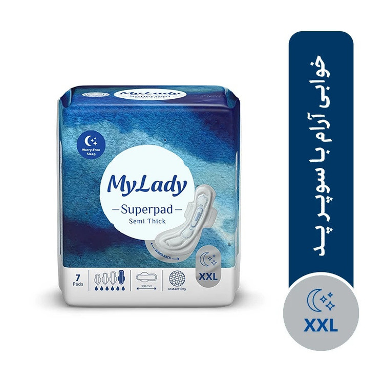 مجموعه 3 عددی نوار بهداشتی شب مای لیدی مدل سوپرپد، سایز XXL با ضخامت متوسط، لایه رویی مشبک با جذب خیلی زیاد، بسته 7 عددی، ضد حساسیت، دارای خنثی کننده بو، دارای کانالهای محافظ جلو و عقب و پشت پهنتر
