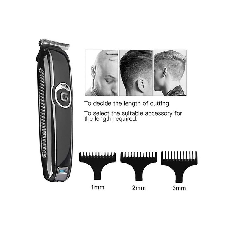 ماشین اصلاح موی سر و صورت جیمی مدل GM-6050 با تیغه استیل ضد زنگ، اصلاح برش مستقیم با دقت 0.1 میلیمتر، قابلیت صفرزن، خط زن و حجم زن، باتری با 70 دقیقه زمان استفاده و نمایشگر وضعیت شارژ و سه شانه اصلاح 1، 2 و 3 میلیمتری