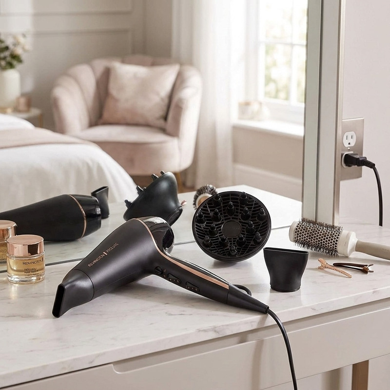 سشوار حرفهای 2400 وات رمینگتون مدل AC9140B Proluxe، موتور AC، وزن 300 گرم، دارای سری متمرکزکننده با ویژگی صافکنندگی، با قابلیت باد سرد، عملکرد توربو، فناوری تولید یون