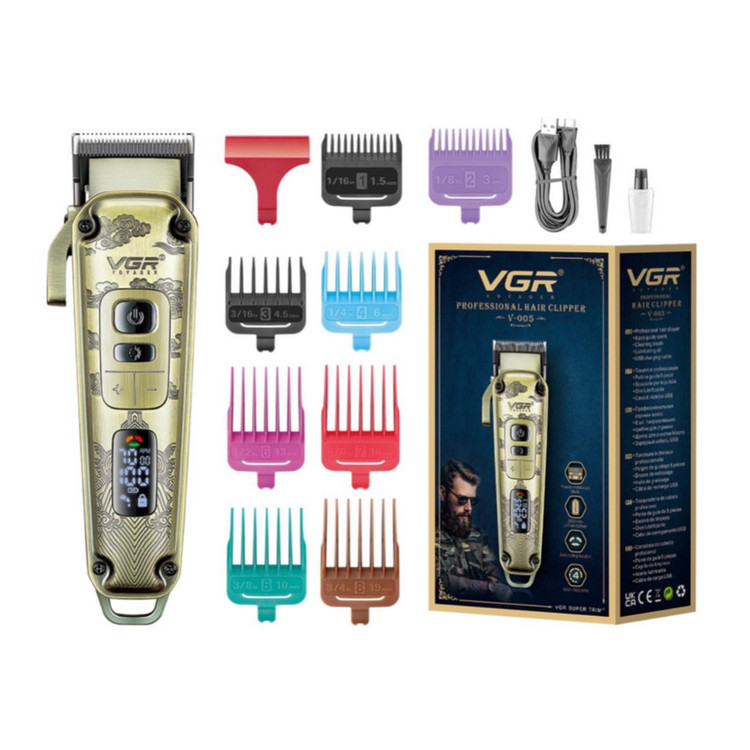 ماشین اصلاح موی سر و صورت وی جی آر مدل V-005 با تیغه کربن استیل و متالوژیک پودری، باتری لیتیومی 2600 میلیآمپر، نمایشگر LED، قابلیت تنظیم سرعت و 8 شانه اندازهگیری از 1.5 تا 19 میلیمتر، مدت استفاده 250 دقیقه پس از شارژ کامل