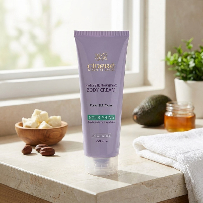 کرم مغذی بدن سینره Hydra Silk حجم 250 میلیلیتر با عصاره آووکادو، شیباتر، عسل گیاهی و روغن جوجوبا، مرطوبکننده، ضد حساسیت و کمک به نرمی و بازسازی پوست