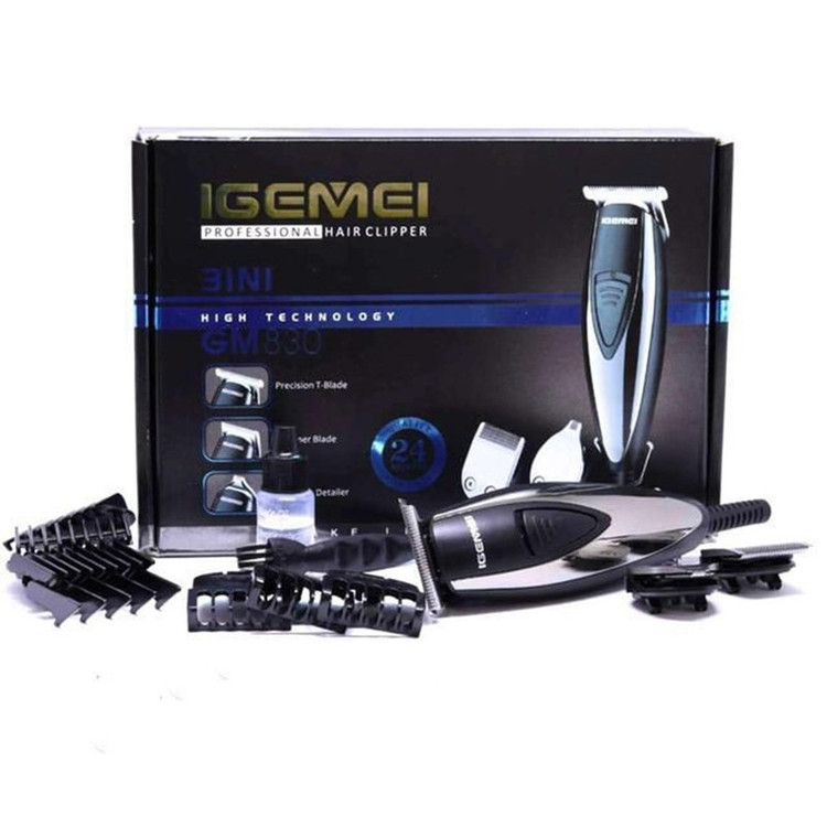 ماشین اصلاح موی صورت جیمی مدل GM830 با تیغه استیل ضد زنگ، برش مستقیم، قابلیت تنظیم سرعت، همراه 7 شانه اصلاح از 0.2 تا 9 میلیمتر و منبع تغذیه برق با سیم