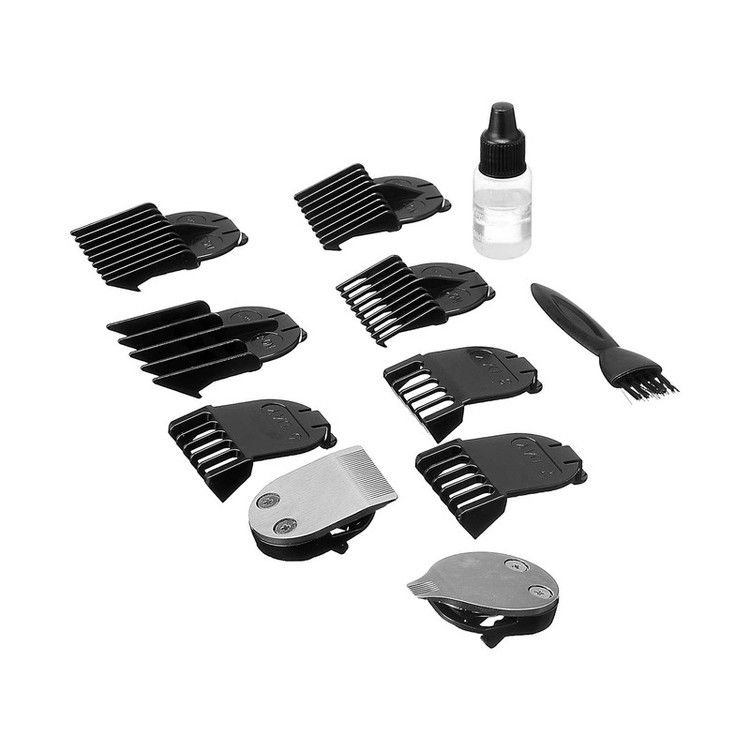 ماشین اصلاح موی صورت جیمی مدل GM830 با تیغه استیل ضد زنگ، برش مستقیم، قابلیت تنظیم سرعت، همراه 7 شانه اصلاح از 0.2 تا 9 میلیمتر و منبع تغذیه برق با سیم