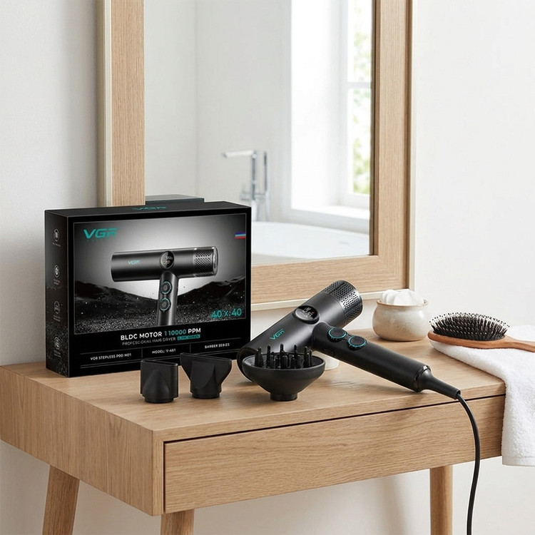 سشوار برسدار چرخشی 1900 وات وی جی ار مدل v-401، موتور AC، وزن 600 گرم، دارای سری متمرکزکننده پهن، متمرکزکننده باریک، دیسپانسر با ویژگی فرکنندگی، صافکنندگی، حجمدهندگی، با قابلیت فناوری تولید یون