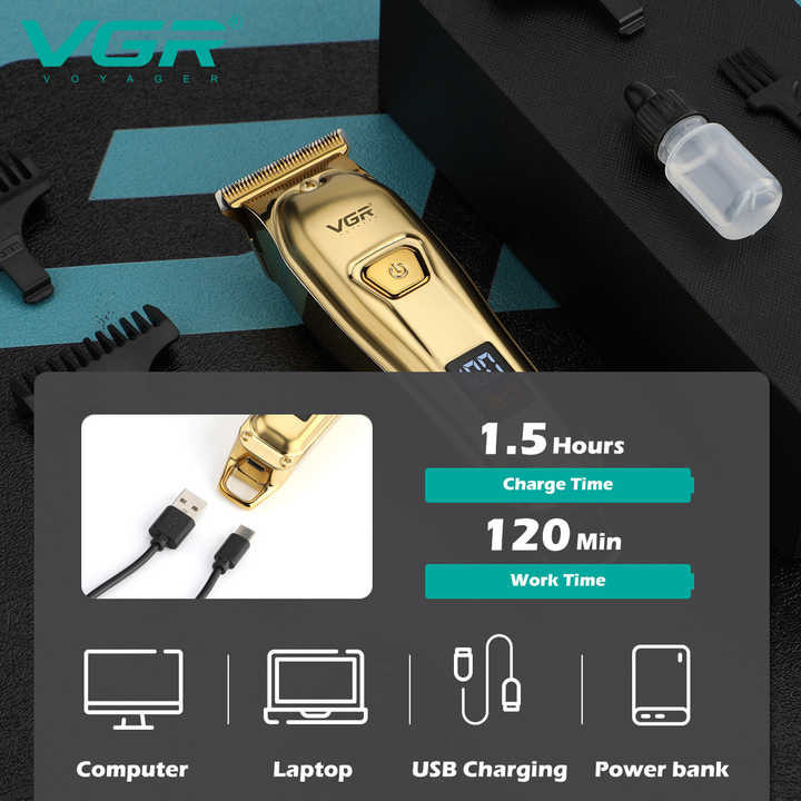 ماشین اصلاح موی سر و صورت وی جی آر مدل V-965 با تیغه استیل ضد زنگ، قابلیت اصلاح با شماره صفر، تنظیم سرعت، شانه قابل تنظیم و باتری 600 میلیآمپر ساعت با شارژ USB و طراحی ارگونومیک و مقاوم در برابر لغزش