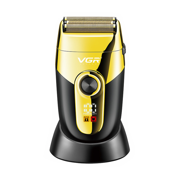 ماشین اصلاح موی صورت وی جی ار مدل V-383 با تیغه استیل پیشرفته، اصلاح فویلی صفر زن، ضد آب، باتری قابل شارژ با 60 دقیقه استفاده، شارژ 90 دقیقه، وزن 550 گرم