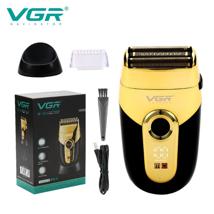 ماشین اصلاح موی صورت وی جی ار مدل V-383 با تیغه استیل پیشرفته، اصلاح فویلی صفر زن، ضد آب، باتری قابل شارژ با 60 دقیقه استفاده، شارژ 90 دقیقه، وزن 550 گرم