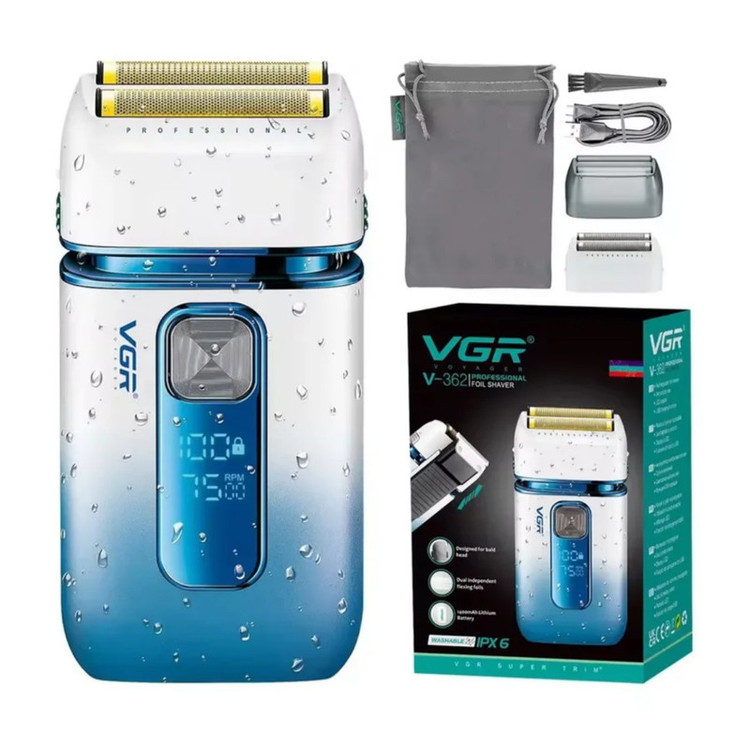 ماشین اصلاح موی سر و صورت وی جی ار مدل V-362 با تیغه تیتانیوم، صفر زن، فویلی، ضد آب، استفاده خشک و مرطوب، نمایش وضعیت باتری، باتری 1400 میلیآمپر، شارژ با کابل USB، مدت زمان شارژ و استفاده 120 دقیقه