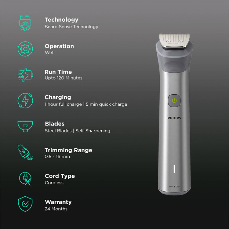 ماشین اصلاح موی سر و صورت فیلیپس مدل MG5930 با تیغه استیل خودتیزشونده، ضد آب، باتری قابل شارژ با 120 دقیقه زمان استفاده، تکنولوژی تنظیم سرعت هوشمند، سری اصلاح بدن و موزن گوش و بینی