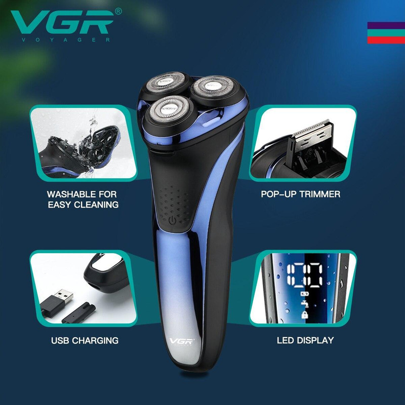 ماشین اصلاح موی صورت وی جی آر مدل V-306 با تیغه استیل ضد زنگ، اصلاح چرخشی، قابلیت استفاده خشک و مرطوب، باتری قابل شارژ با 90 دقیقه زمان استفاده