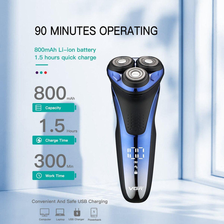 ماشین اصلاح موی صورت وی جی آر مدل V-306 با تیغه استیل ضد زنگ، اصلاح چرخشی، قابلیت استفاده خشک و مرطوب، باتری قابل شارژ با 90 دقیقه زمان استفاده
