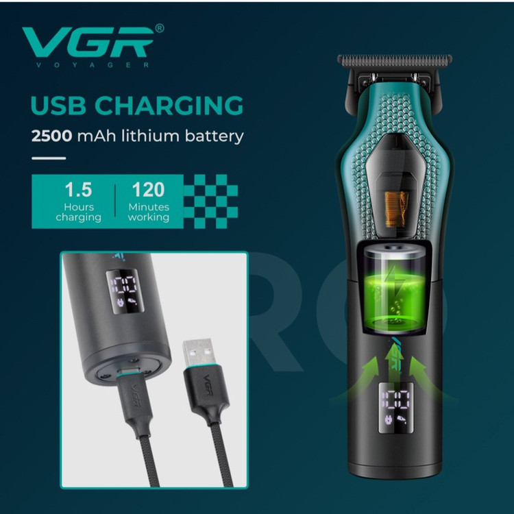 ماشین اصلاح موی سر و صورت وی جی ار مدل V-997 با موتور 11000 دور در دقیقه، باتری لیتیوم یونی 2500 میلیآمپر ساعت، تیغه سرامیک ضد التهاب، قابلیت تنظیم سرعت و نمایشگر میزان شارژ