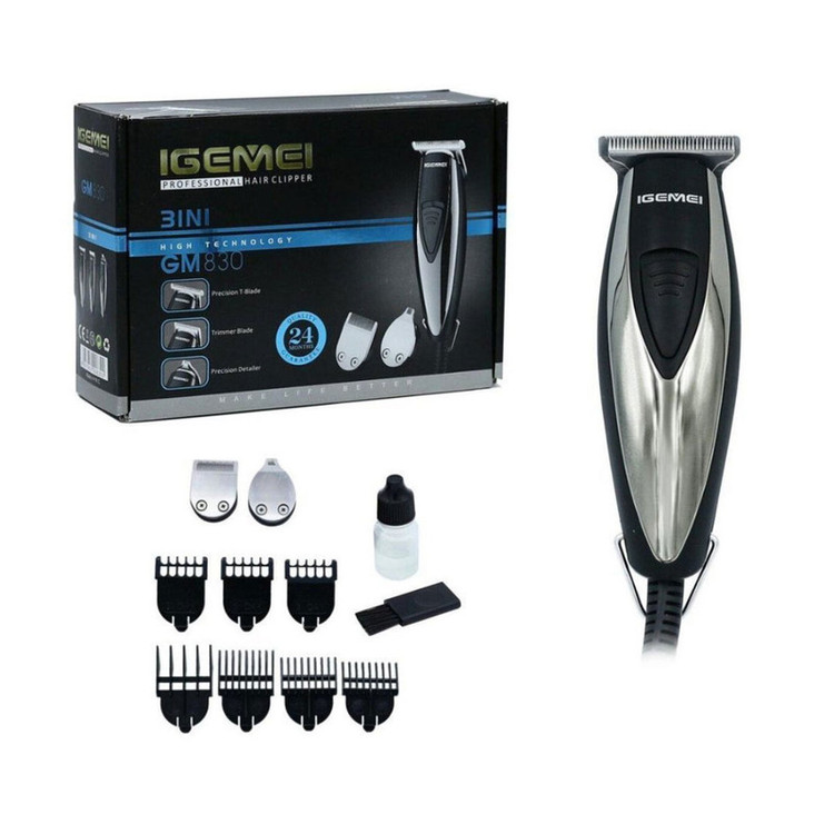ماشین اصلاح موی سر و صورت جیمی مدل GM-830 با تیغه استیل ضد زنگ، برش مستقیم، قابلیت تنظیم سرعت، 7 شانه اصلاح از 0.2 تا 9 میلیمتر، وزن 200 گرم و منبع تغذیه برق با آداپتور