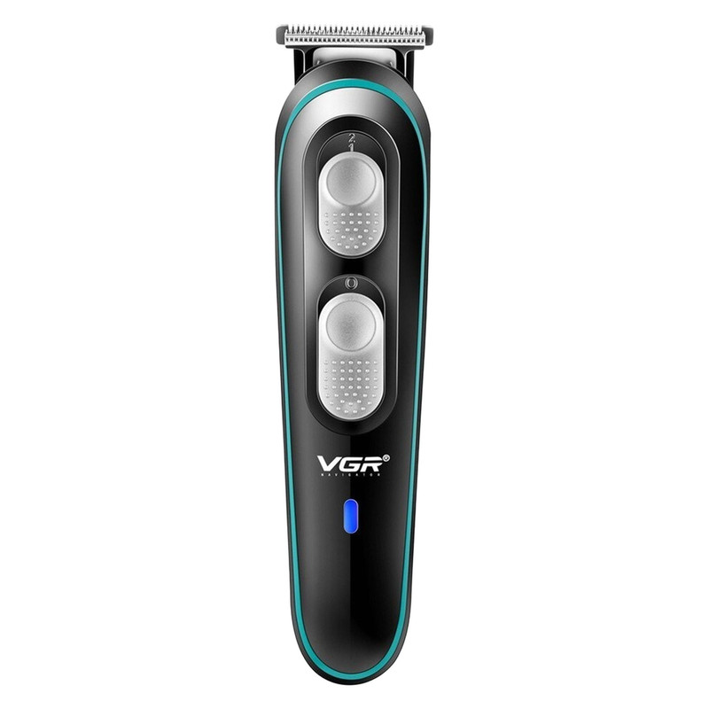 ماشین اصلاح موی صورت وی جی ار مدل V-055 با تیغه استیل ضد زنگ، باتری قابل شارژ، طراحی ارگونومیک، خط زن و صفر زن، اندازه اصلاح 0 تا 10 میلی‌متر، وزن 220 گرم