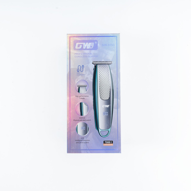 ماشین اصلاح موی سر و صورت جی دبلیو مدل GW-9753، صفر زن و خط زن، تیغه کروم، موتور 7000 دور در دقیقه، باتری 600 میلیآمپر ساعت، نمایشگر ال سی دی، شارژ با کابل USB، همراه با 3 شانه در سایزهای 0.5، 1 و 1.5 میلیمتر