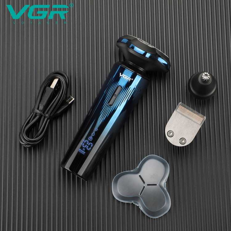 ماشین اصلاح موی سر و صورت شارژی وی جی ار مدل V-303 با تیغه استیل ضد زنگ، سیستم برش شناور سه بعدی، ضد آب، قابلیت اصلاح صفر زن و خط زن، نمایش وضعیت باتری، باتری لیتیومی 600 میلیآمپر، سه شانه قابل تعویض