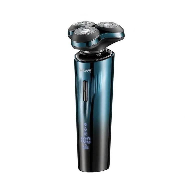 ماشین اصلاح موی سر و صورت شارژی وی جی ار مدل V-303 با تیغه استیل ضد زنگ، سیستم برش شناور سه بعدی، ضد آب، قابلیت اصلاح صفر زن و خط زن، نمایش وضعیت باتری، باتری لیتیومی 600 میلیآمپر، سه شانه قابل تعویض