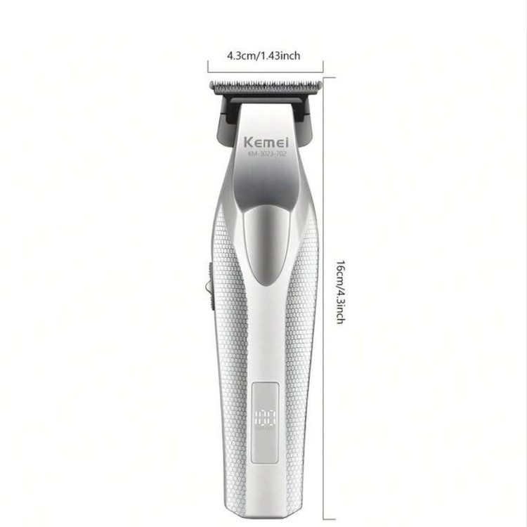 ماشین اصلاح موی صورت شارژی کیمی مدل KM-3023-702 با تیغه سرامیک و استیل ضد التهاب، باتری لیتیوم یون 2000 میلیآمپر ساعت، نمایش وضعیت باتری و طراحی ارگونومیک مقاوم در برابر ضربه