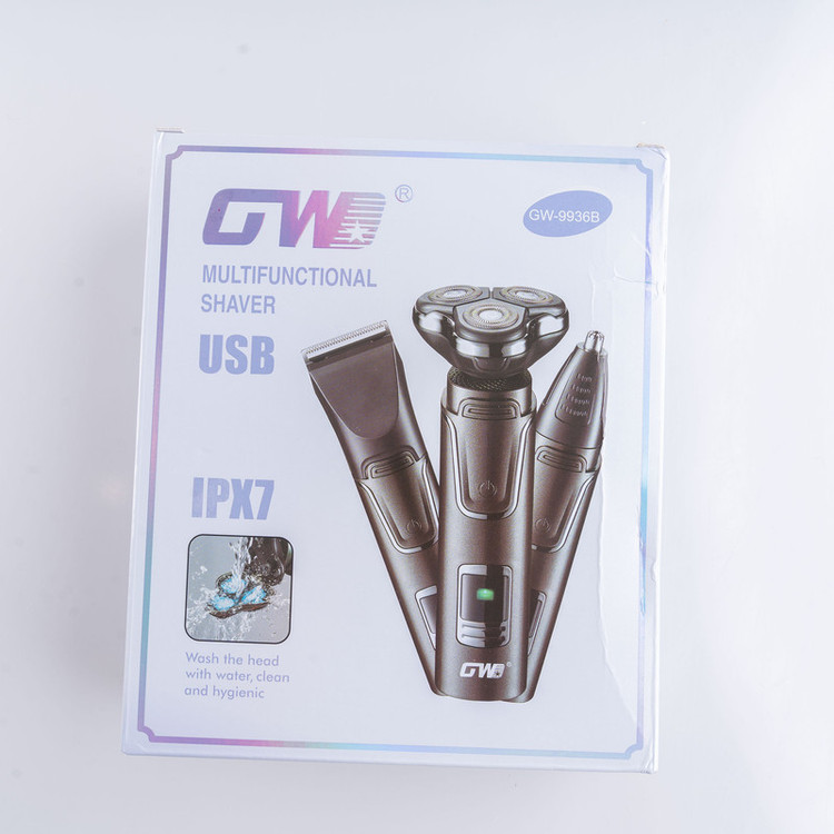 ست ماشین اصلاح موی صورت و بینی شارژی جی دبلیو مدل GW-9936B، اصلاح به صورت صفر زن، خط زن و حجم زن، منبع انرژی با باتری، تکنولوژی اصلاح به صورت برش چرخشی، اندازه اصلاح 0.1 میلیمتر، مدت زمان شارژ 60 دقیقه و مدت زمان استفاده پس از شارژ 150 دقیقه، ضد آب