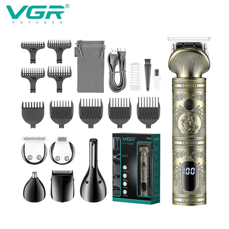 ست ماشین اصلاح موی صورت و بدن وی جی ار مدل V-106 با تیغه استیل پیشرفته، قابلیت اصلاح خشک و مرطوب، باتری 1200 میلیآمپر ساعت، شارژ سریع، نمایش وضعیت باتری، طراحی ارگونومیک، همراه با 9 عدد شانه و کیف نگهداری