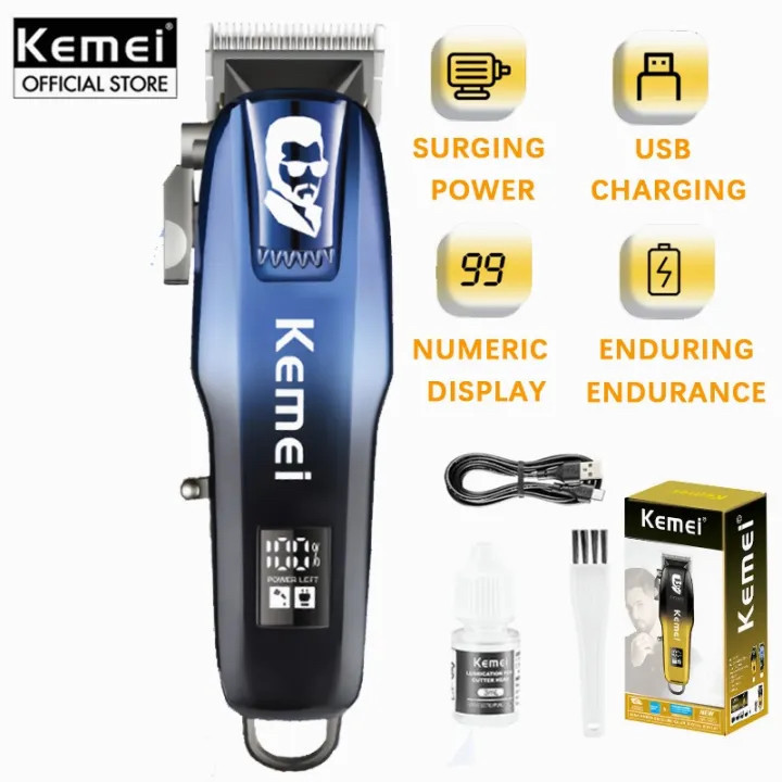ماشین اصلاح موی سر و صورت کیمی مدل KM-709A با تیغه استیل ضد زنگ، باتری قابل شارژ 2000 میلیآمپر، نمایشگر وضعیت باتری، 4 حالت تنظیم تیغه، قدرت موتور 6500، 4 عدد شانه در سایزهای مختلف، کابل شارژ تایپ C، برس تمیزکننده و روغن روانکننده