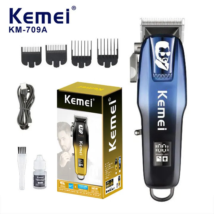 ماشین اصلاح موی سر و صورت کیمی مدل KM-709A با تیغه استیل ضد زنگ، باتری قابل شارژ 2000 میلیآمپر، نمایشگر وضعیت باتری، 4 حالت تنظیم تیغه، قدرت موتور 6500، 4 عدد شانه در سایزهای مختلف، کابل شارژ تایپ C، برس تمیزکننده و روغن روانکننده