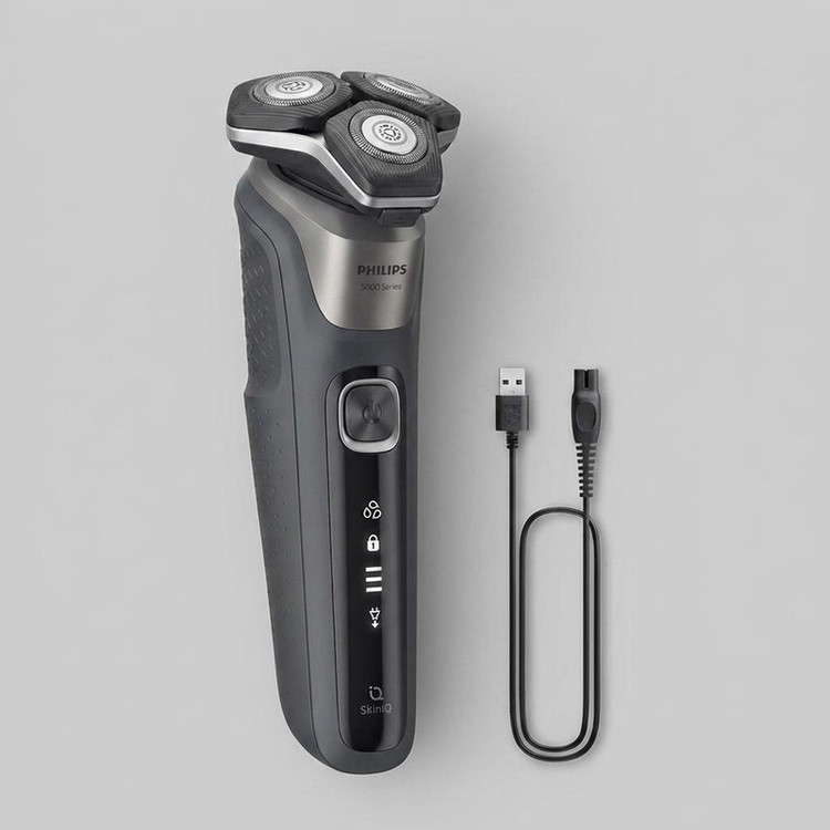 ماشین اصلاح موی صورت فیلیپس مدل SHAVER 5000 Series با تیغههای کربن استیل، سنسور هوشمند، سرهای انعطافپذیر 360 درجه، ضد آب، قابلیت اصلاح با شماره صفر، شارژ سریع و منبع انرژی کابل USB