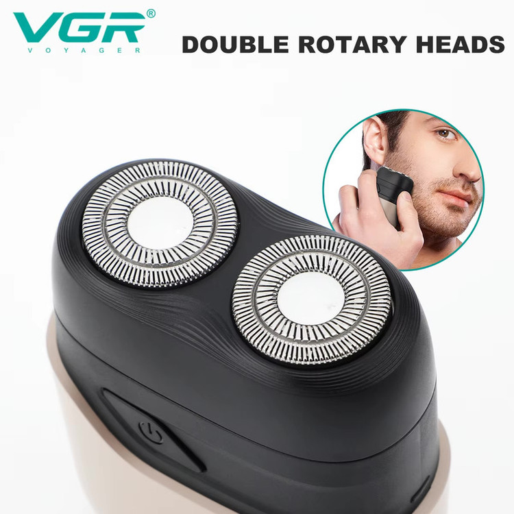 ماشین اصلاح موی صورت وی جی ار مدل v-345 با تیغه استیل ضد زنگ، صفرزن، ضدآب، طراحی ارگونومیک، شارژ سریع، باتری قابل شارژ، همراه با کابل USB، برس تمیزکننده و محافظ