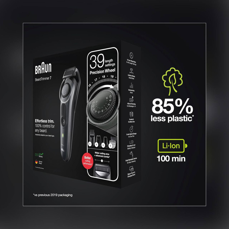 ماشین اصلاح صورت و بدن شارژی براون مدل BT7350 ضدآب با فناوری AutoSense، تیغههای خودتیزشونده استیل ضدزنگ، باتری لیتیومیون با 100 دقیقه کارکرد، شارژ سریع و تنظیم اصلاح با 39 شماره نیممیلیمتری