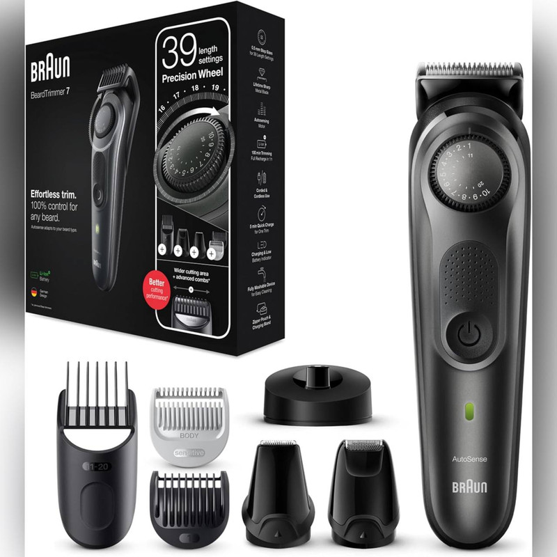 ماشین اصلاح صورت و بدن شارژی براون مدل BT7350 ضدآب با فناوری AutoSense، تیغههای خودتیزشونده استیل ضدزنگ، باتری لیتیومیون با 100 دقیقه کارکرد، شارژ سریع و تنظیم اصلاح با 39 شماره نیممیلیمتری