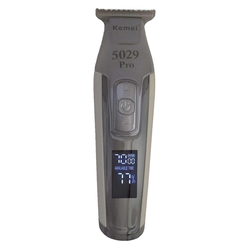 ماشین اصلاح موی سر و صورت کیمی مدل KM-5029 Pro با تیغه تیتانیوم پیشرفته، قابلیت تنظیم سرعت، نمایش وضعیت باتری، طراحی ارگونومیک، اصلاح خط زن با اندازه اصلاح 0.1 میلی‌متر، منبع انرژی برق و باتری، وزن 200 گرم، مدت زمان استفاده 240 دقیقه پس از شارژ کامل