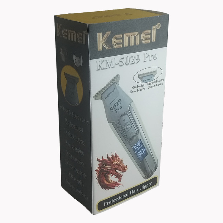 ماشین اصلاح موی سر و صورت کیمی مدل KM-5029 Pro با تیغه تیتانیوم پیشرفته، قابلیت تنظیم سرعت، نمایش وضعیت باتری، طراحی ارگونومیک، اصلاح خط زن با اندازه اصلاح 0.1 میلیمتر، منبع انرژی برق و باتری، وزن 200 گرم، مدت زمان استفاده 240 دقیقه پس از شارژ کامل