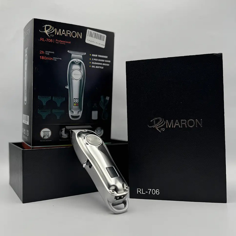 ماشین اصلاح موی سر و صورت پرومارون مدل RL706 با تیغه کروم و استیل ضدزنگ، باتری 600mAh، نمایشگر دیجیتال، قابلیت اصلاح صفر، شانه متحرک 2 تا 4 میلیمتر، طراحی ارگونومیک و مقاوم در برابر ضربه، شارژ سریع 50 دقیقهای و منبع انرژی باتری قابل شارژ