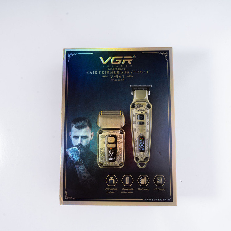 ماشین اصلاح موی سر و صورت وی جی ار مدل V-641 با تیغه سرامیکی و تیتانیومی، ضد آب با گواهی IPX6، قابلیت تنظیم سرعت، صفحه نمایش LED، شارژ USB، همراه با 4 شانه اصلاح، برس تمیزکننده، روغن روانکننده و کیف حمل، مجموعه دو عددی