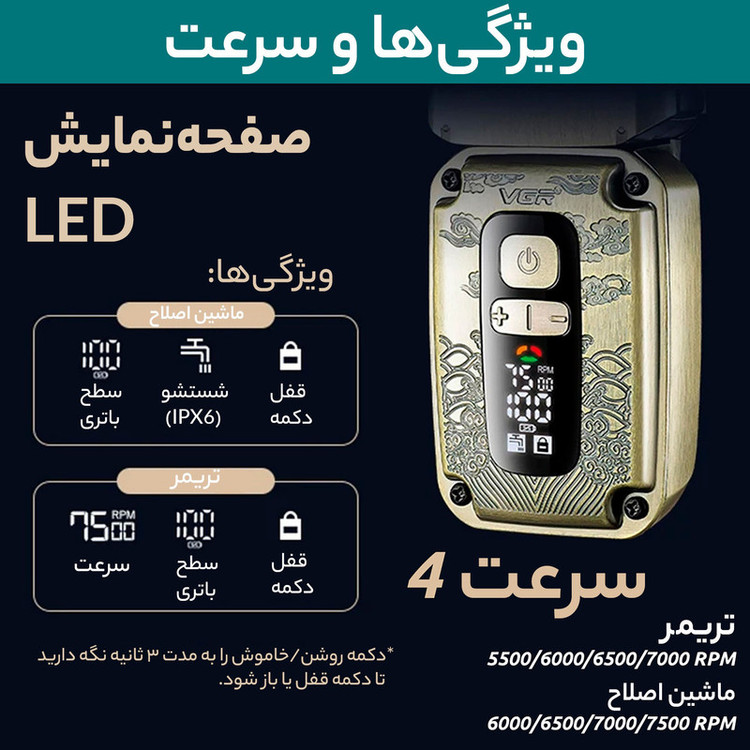 ماشین اصلاح موی سر و صورت وی جی ار مدل V-641 با تیغه سرامیکی و تیتانیومی، ضد آب با گواهی IPX6، قابلیت تنظیم سرعت، صفحه نمایش LED، شارژ USB، همراه با 4 شانه اصلاح، برس تمیزکننده، روغن روانکننده و کیف حمل، مجموعه دو عددی