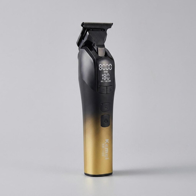 ماشین اصلاح موی صورت شارژی کیمی مدل KM-1859 با موتور 5 وات، تیغههای استیل ضدزنگ DLC، قابلیت تنظیم سرعت، باتری لیتیومی با شارژ سریع و نمایشگر LED
