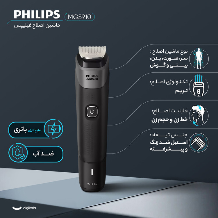 ست ماشین اصلاح موی صورت و بدن فیلیپس مدل MG5910 با تیغه استیل ضد زنگ، باتری لیتیوم یون، طراحی ارگونومیک، شانه قابل تنظیم دستی، شارژ با کابل USB، مناسب تریم