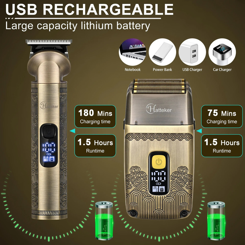 ست ماشین اصلاح موی سر و صورت هاتکر مدل HT-602 با تیغه استیل ضد زنگ، ضد آب IPX7، 9 شانه متنوع، قابلیت صفرزنی و خطزنی، باتری قابل شارژ با شارژ سریع و نمایشگر LCD