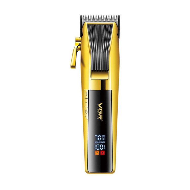 ماشین اصلاح موی صورت وی جی ار مدل V-177 با تیغه استیل ضد زنگ، موتور 7000 دور در دقیقه، باتری 2000 میلیآمپر ساعت، نمایشگر LED، طراحی ارگونومیک و تنظیم اندازه اصلاح از 0.8 تا 2 میلیمتر